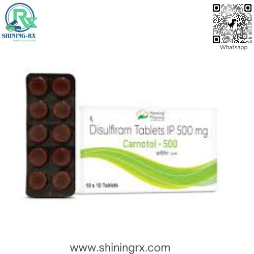 Carnotol -500 (Disulfiram Tablets IP 500 mg) pack shot supplied by ShiningRX