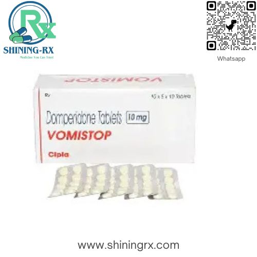 VOMISTOP (Domperidone Tablets IP 10 mg) pack shot supplied by ShiningRX